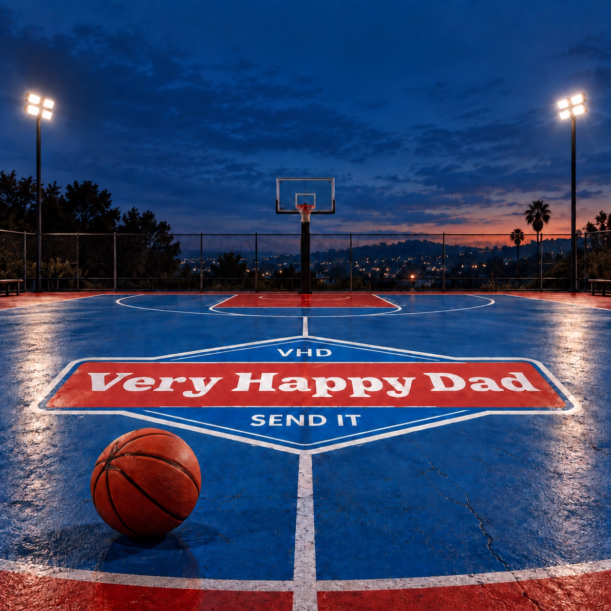 Very Happy Dad basketball court under floodlights