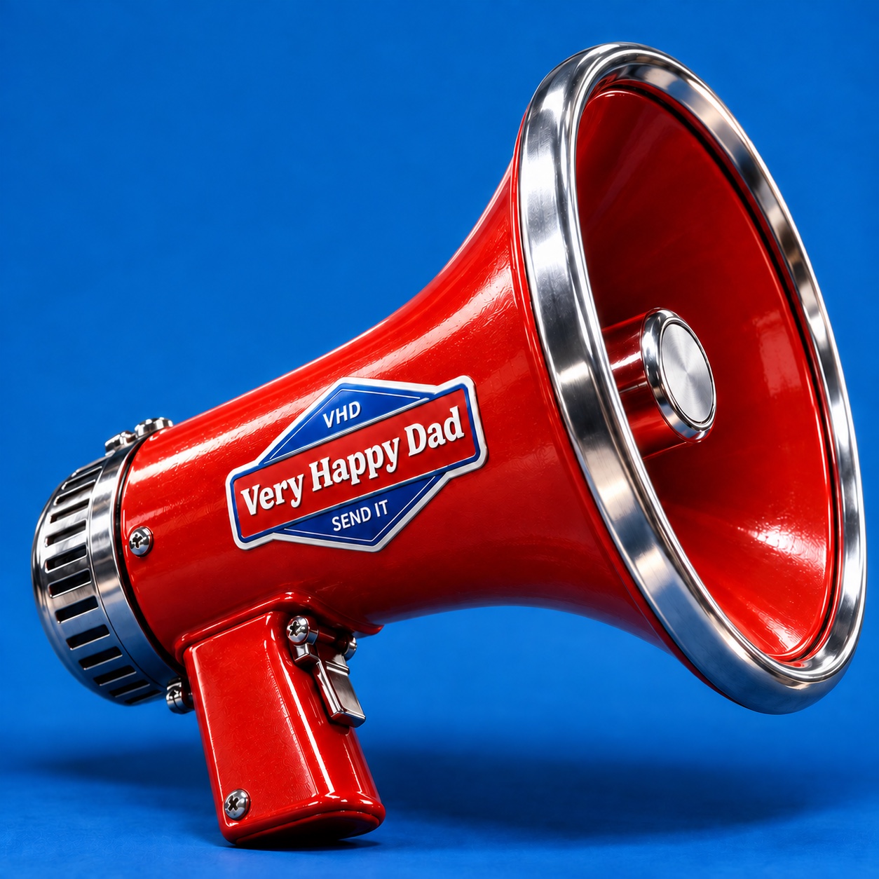 Red and chrome Very Happy Dad megaphone against blue